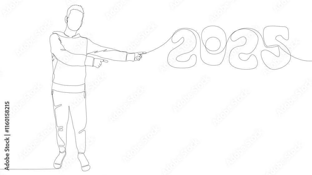 Poster one continuous line of man pointing with finger at number 2025. thin line illustration vector concep
