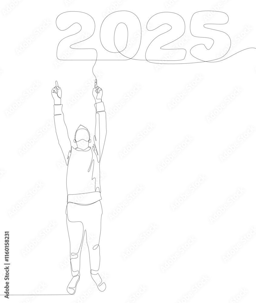 Poster one continuous line of man pointing with finger at number 2025. thin line illustration vector concep