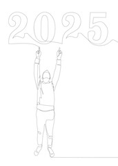 One continuous line of Man pointing with finger at number 2025. Thin Line Illustration vector concept. Contour Drawing Creative ideas.