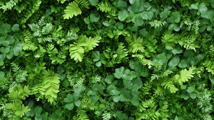 A lush green wall of various ferns and leaves creating a vibrant natural backdrop.