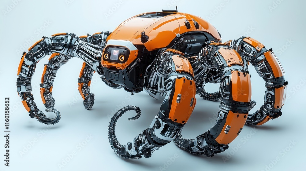 Poster futuristic orange mechanical spider robot: a 3d render of a high-tech arachnid machine