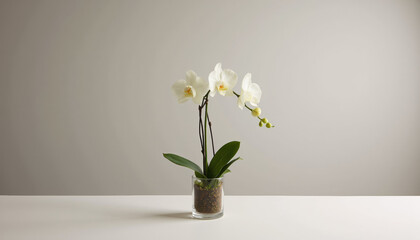 Fototapeta premium Minimalist white orchid arrangement in a glass vase on a neutral background
