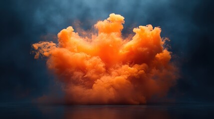 photo realism, exploding smoke bomb, orange colors with a white center area as the smoke and flames expand out to the corners of the image. wide angle view, a dark reflective floor.