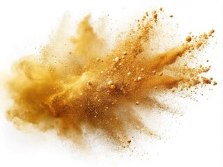 Golden Color Powder Explosion Coming From Left Side Isolated On White Background