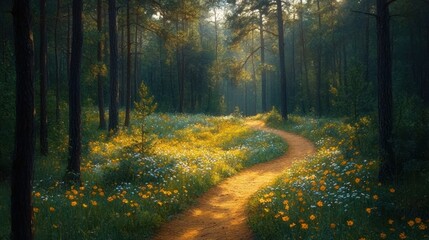 Obraz premium Sunlit path winds through blooming forest.