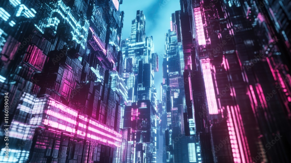 Poster A futuristic block-building scene with advanced robotic blocks in a futuristic cityscape, Sci-fi cityscape style, photo of