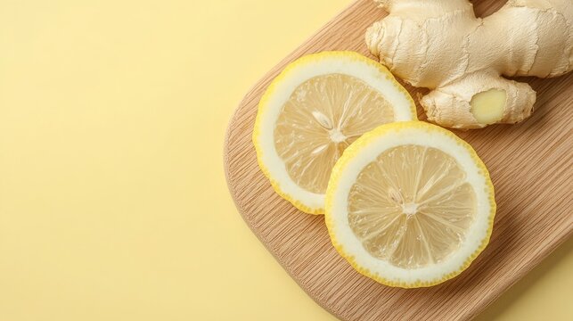 Fresh lemon slices and ginger root on wooden board against yellow background
