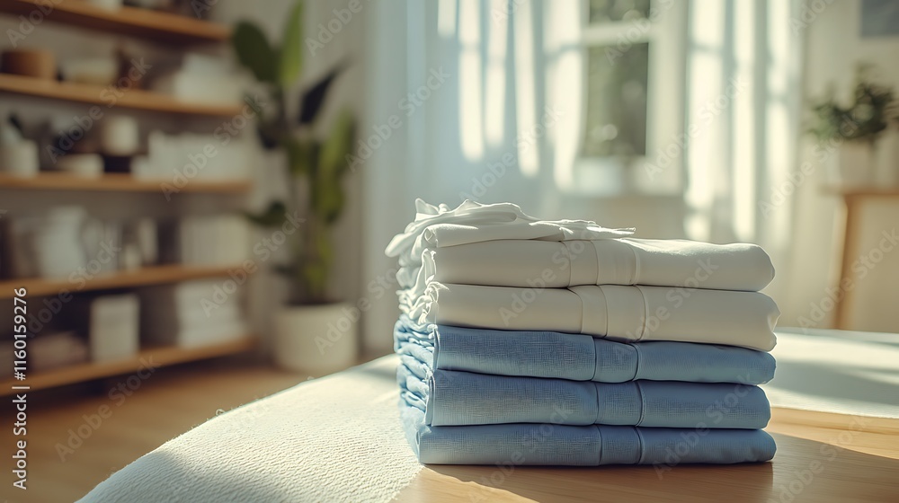 Poster neatly stacked towels in a sunlit room, creating a calm and organized atmosphere.