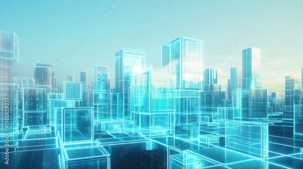 Poster A futuristic block-building scene with holographic building blocks in a digital cityscape, Digital cityscape style, photo of