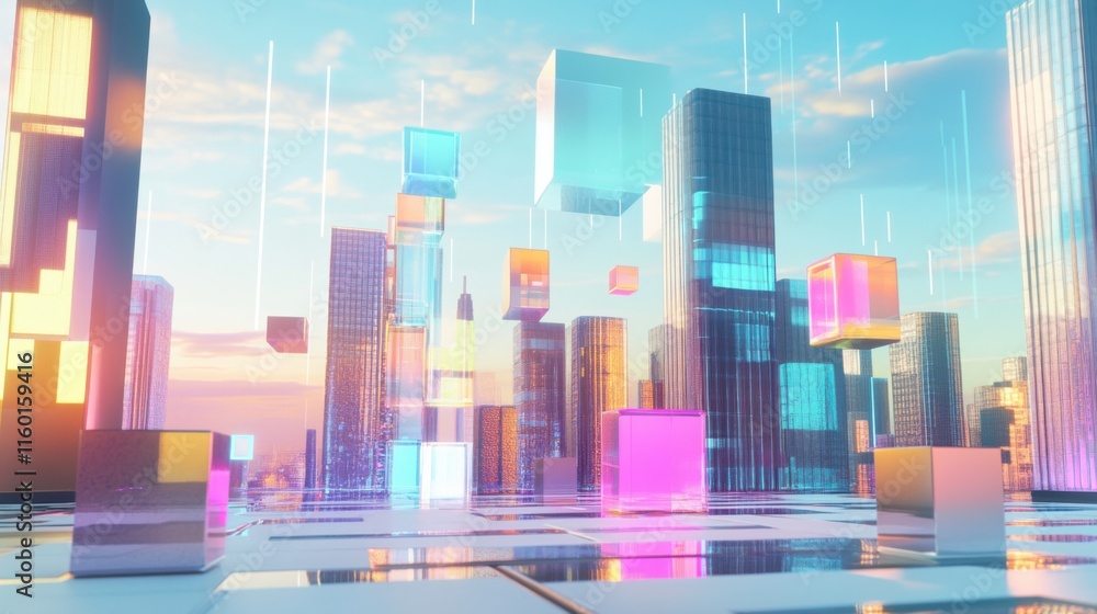 Poster A futuristic block-building scene with holographic building blocks in a digital playground, Digital playground style, photo of