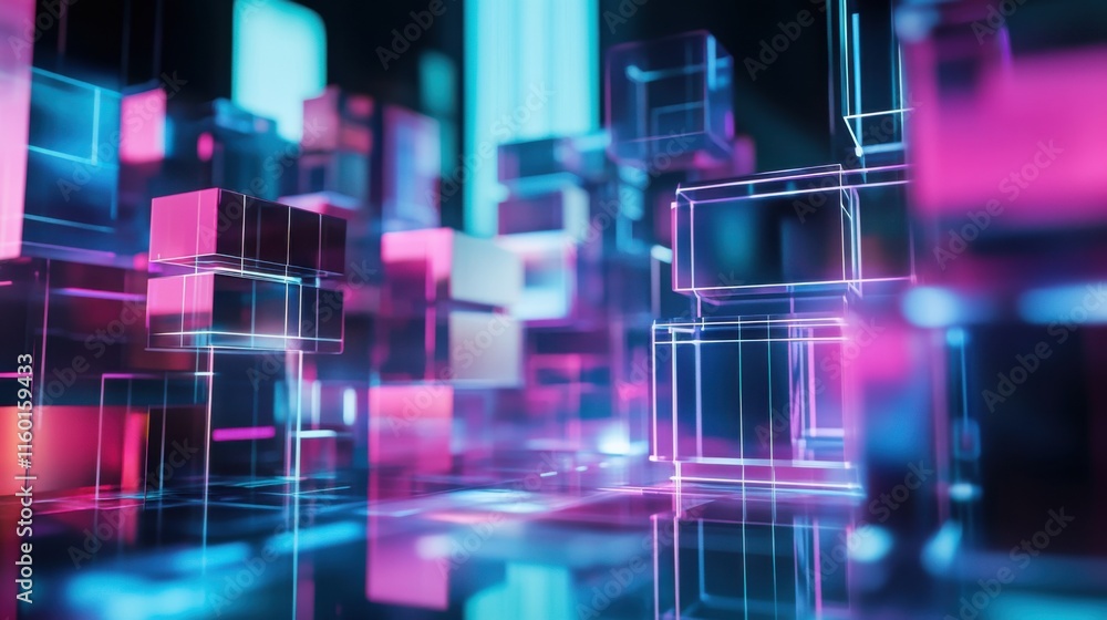 Poster A futuristic block-building scene with holographic building blocks in a digital playground, Digital playground style, photo of