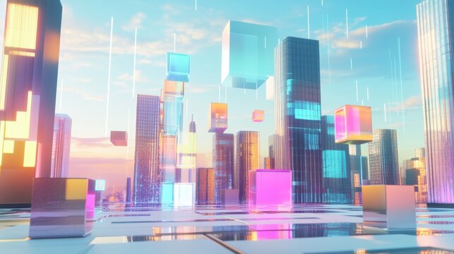 A futuristic block-building scene with holographic building blocks in a digital playground, Digital playground style, photo of