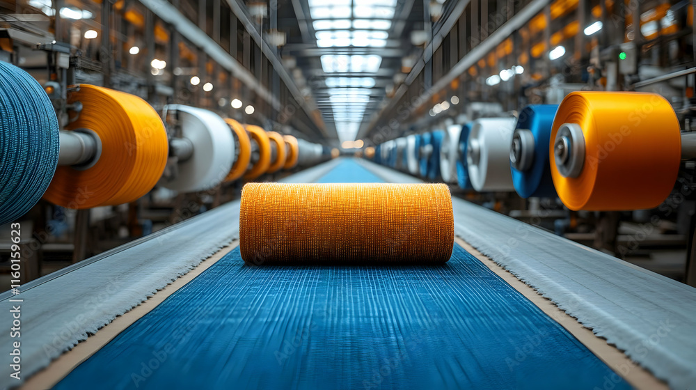Poster a vibrant textile factory scene with colorful spools of thread on a production line.