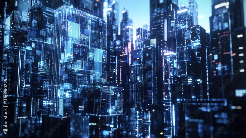 Poster A futuristic block-building scene with modular robotic blocks, Blocks arranged in a high-tech laboratory setting, Scientific innovation style