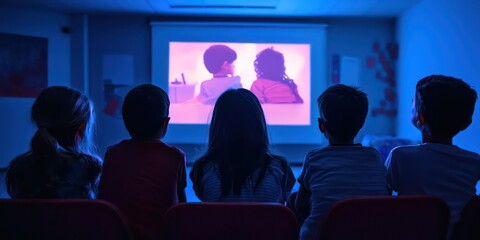 Obraz premium A group of students watching a tutorial video on a projector during a learning session at school or college. 