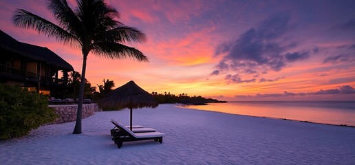 Serene beach at sunset with palm trees and lounge chairs on white sand.