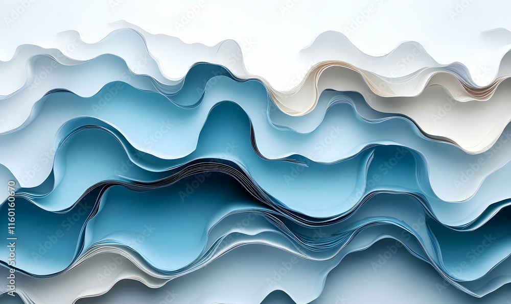 Poster abstract layered paper waves in shades of blue and white create a dynamic visual texture.