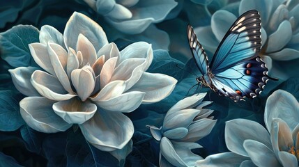 Blue butterfly on white flowers.