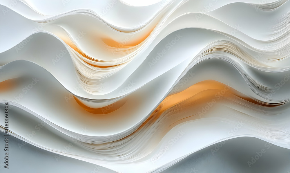 Poster abstract composition of flowing paper waves with soft orange highlights.