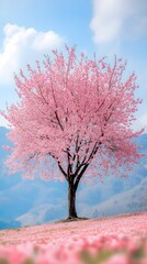 A magnificent and beautiful cherry blossom tree standing alone, with a beautiful view