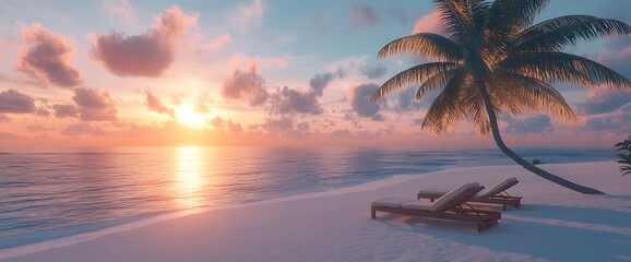 Serene beach scene at sunset with lounge chairs and palm trees.