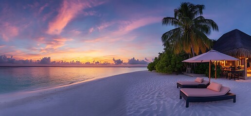 Serene beach scene at sunset with lounge chairs and tropical surroundings.