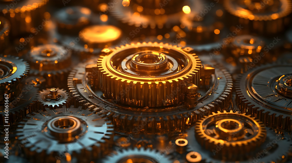 Poster a close-up of interlocking gears with a metallic finish, showcasing intricate mechanical design.