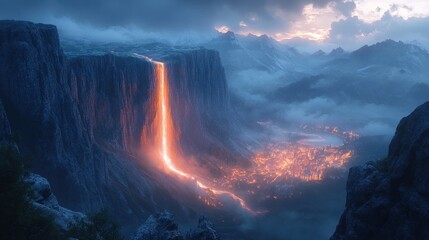 Fototapeta premium Lava waterfall flows into illuminated valley city.
