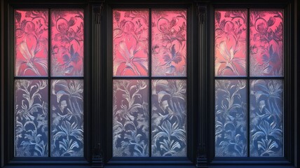 Ornate floral window panes display sunset hues