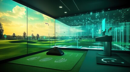 A futuristic golfing range in a virtual reality simulation, Golf clubs and targets in a digital landscape, Cyberpunk style