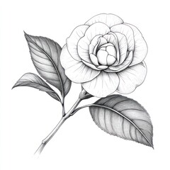 Fototapeta premium Monochrome drawing of a camellia flower with leaves.