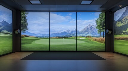 Obraz premium A high-tech golf simulator room with panoramic views, Virtual fairways on immersive screens, Futuristic gaming style