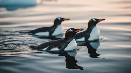 Obraz premium Three penguins swimming in calm ocean water at sunset.