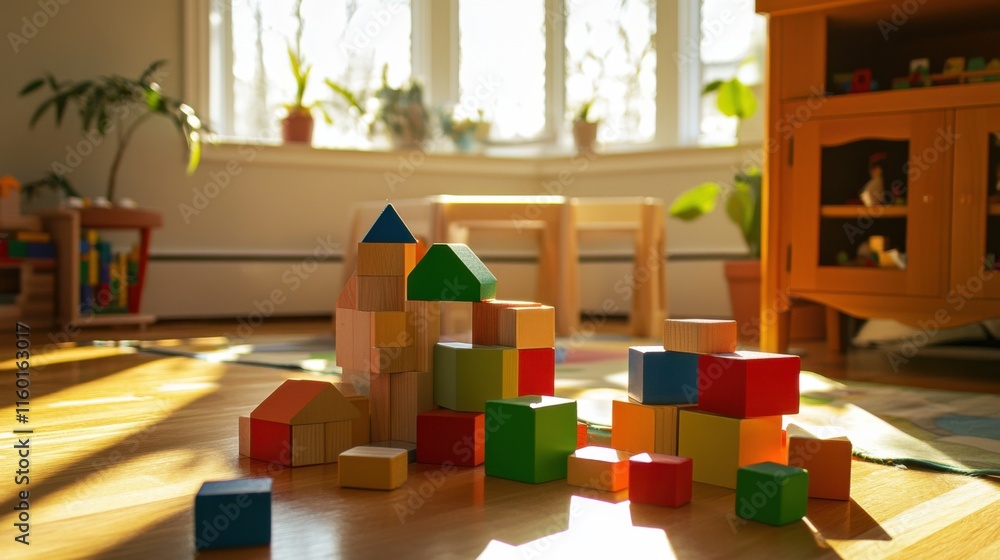 Leinwandbilder A joyous block-building session in a sunlit playroom, Colorful blocks arranged in playful patterns, Childlike imagination style
