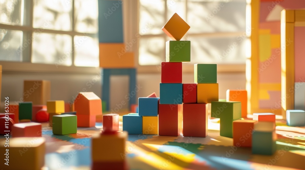 Poster A joyous block-building session in a sunlit playroom, Colorful blocks arranged in playful patterns, Childlike imagination style
