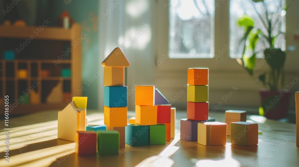 Poster A joyous block-building session in a sunlit playroom, Colorful blocks arranged in playful patterns, Childlike imagination style