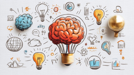 Creative brainstorming concept with light bulbs and brain illustrations, symbolizing ideas and innovation. This vibrant design showcases various symbols of creativity and inspiration