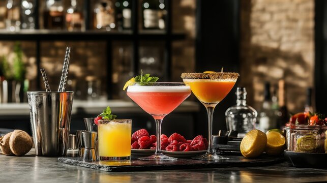 A lively cocktail bar with mixology tools and artisanal ingredients, Craft cocktail creation style, photo of