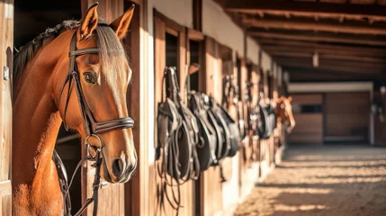 Fototapete Rund A lively equestrian stable with grooming tools and saddles, Equine care and horsemanship style, photo of © ArpPSIqee