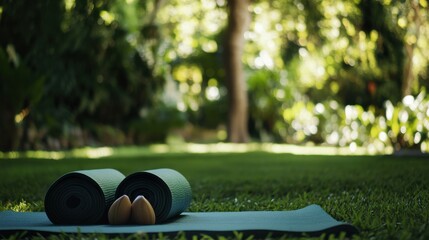 A meditative yoga session in a peaceful garden, Yoga mats and props set in serene symmetry, Zen-inspired style