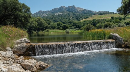 A serene landscape featuring a waterfall, calm waters, and mountains in the background.