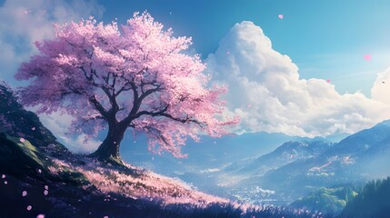 A magnificent and beautiful cherry blossom tree standing alone, with a beautiful view