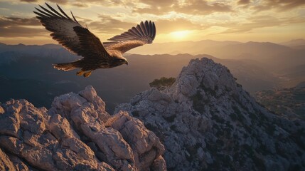 Fototapeta premium Majestic eagle soaring over rocky mountains at sunset.