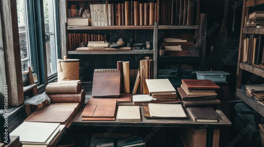 Poster a meticulously arranged bookbinding studio, leather and paper materials arranged for binding, artisa