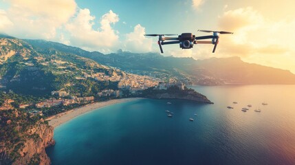 Fototapeta premium Drone aerial view of coastal town at sunset.
