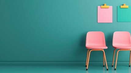 2025 Creative Projects vision and future. Modern room with pink chairs and colorful clipboards on a teal wall.