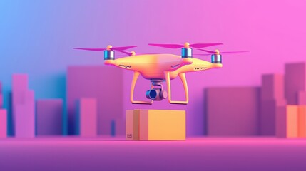 2025 Creative Projects vision and future. Colorful drone delivering a package in a modern cityscape background.