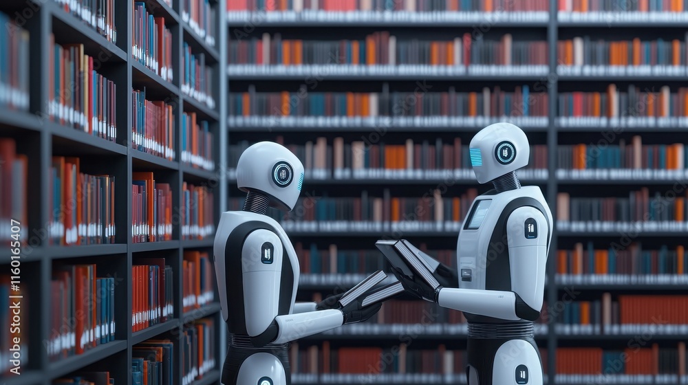 Poster 2025 creative projects vision and future. two robots exchanging books in a futuristic library settin