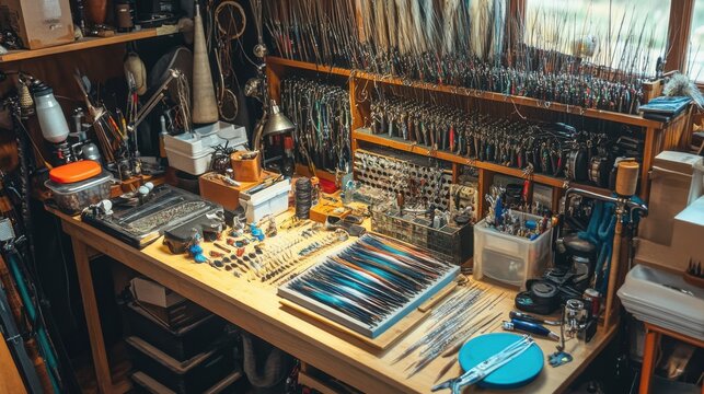 A meticulously arranged fly tying and fishing gear workshop, Fishing flies and tackle meticulously organized for angling, Fly fishing enthusiast style