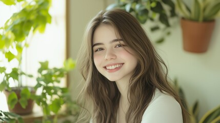 Fototapeta premium Smiling Asian teenager in a cozy indoor setting surrounded by greenery, radiating positivity and youthful energy in a natural and warm environment.